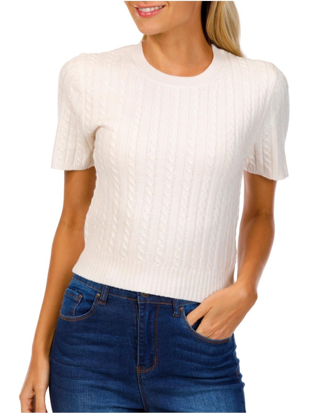 NWT No Comment Cream Cable Knit Short Sleeve Sweater Size L